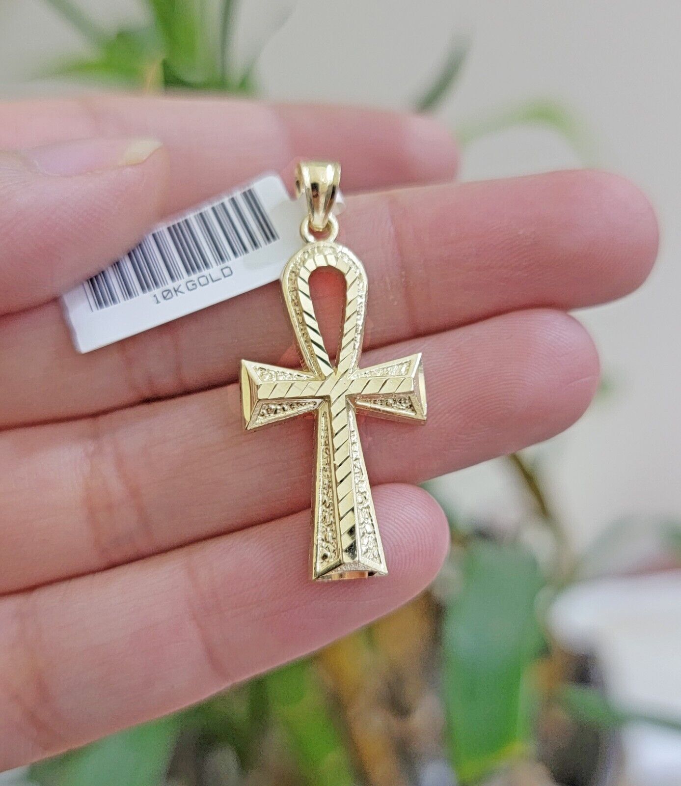 Real 10k Yellow Gold Ankh charm pendant 1.5" Diamond Cuts Cross Charm for Chain - GoldenlinQ