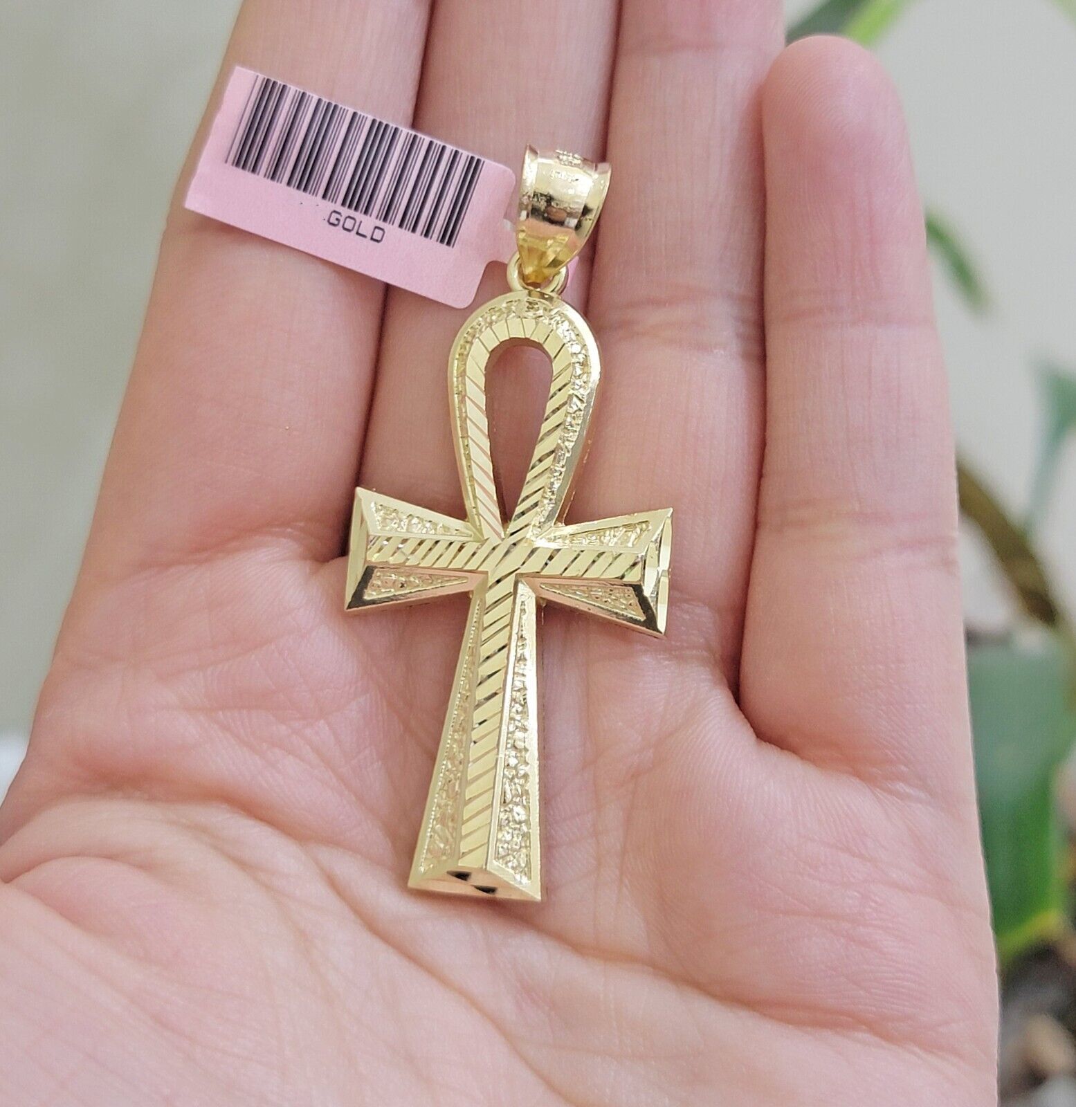 Real 10k Yellow Gold Ankh charm pendant 2.2 Inches Diamond Cuts Charm for Chains - GoldenlinQ