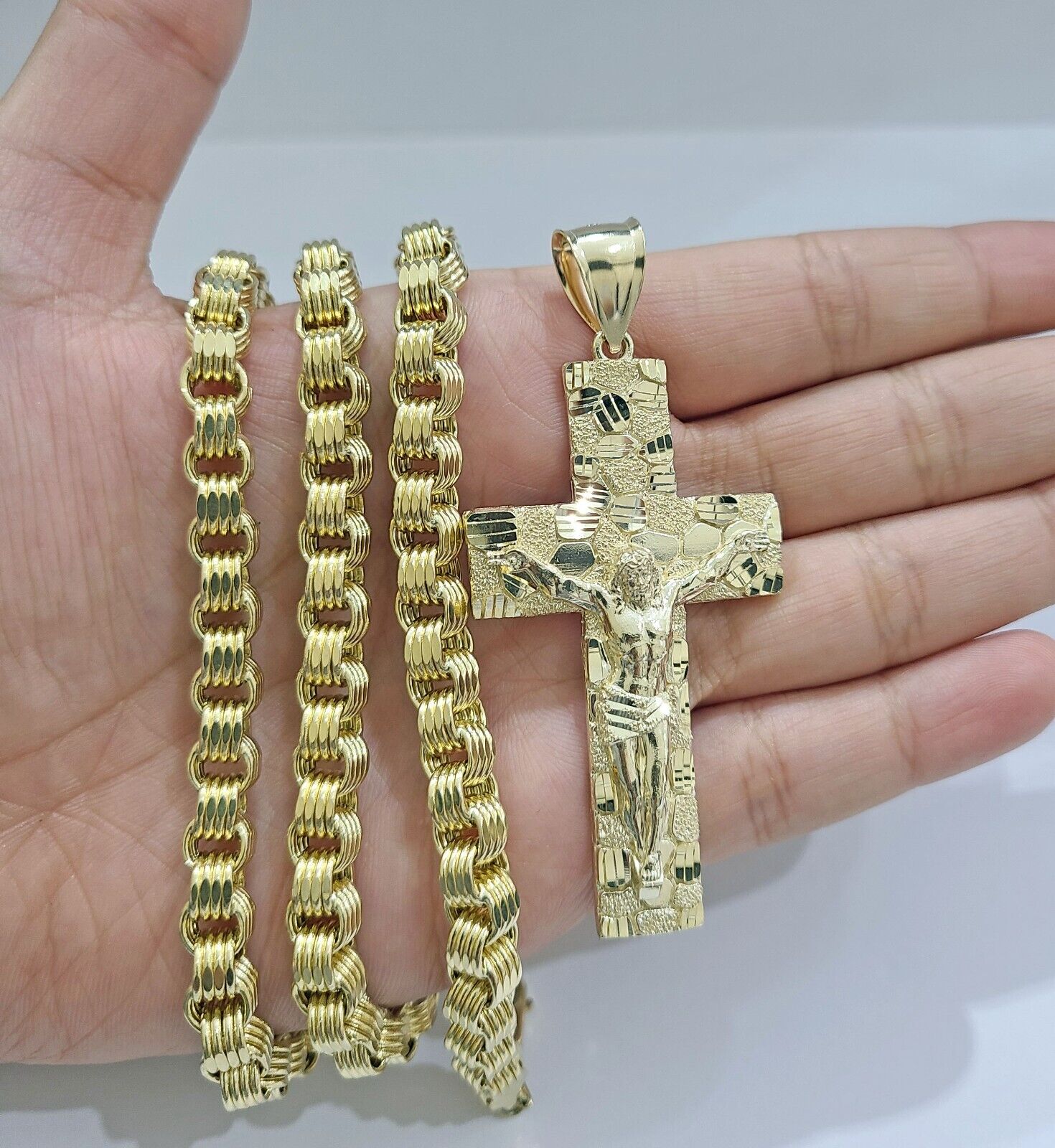 Real 10k Yellow Gold Box Byzantine Chain 24'' Necklace JesusCross Charm pendant - GoldenlinQ