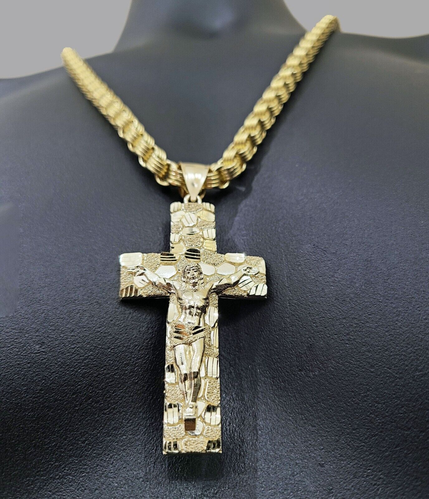 Real 10k Yellow Gold Box Byzantine Chain 24'' Necklace JesusCross Charm pendant - GoldenlinQ
