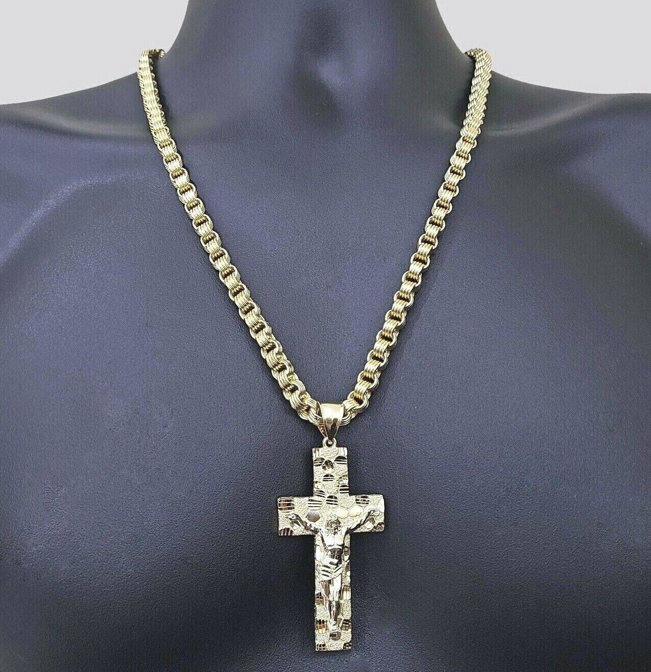 Real 10k Yellow Gold Box Byzantine Chain 24'' Necklace JesusCross Charm pendant - GoldenlinQ