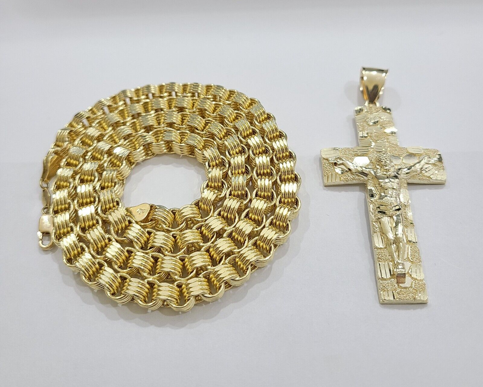 Real 10k Yellow Gold Box Byzantine Chain 24'' Necklace JesusCross Charm pendant - GoldenlinQ