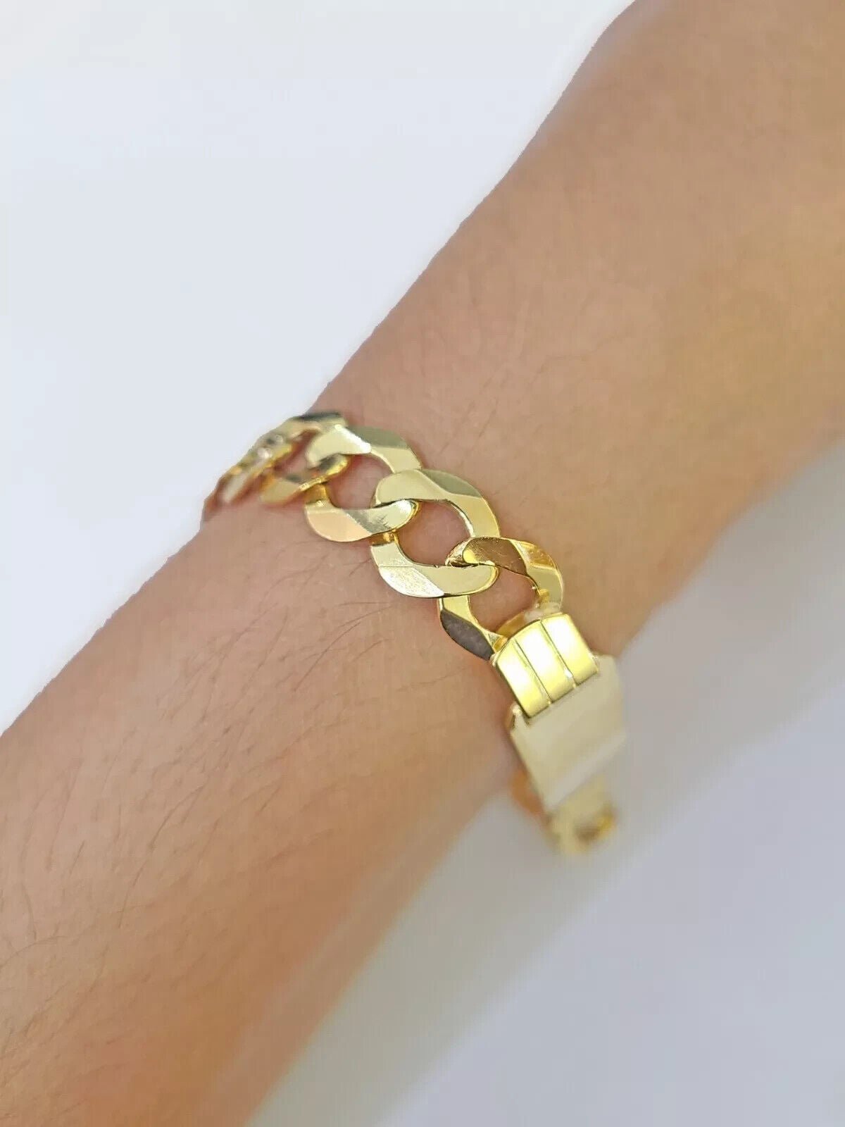 Real 10k Yellow Gold Bracelet Mens Cuban curb Link ID Name Plate Solid 13mm 9" - GoldenlinQ