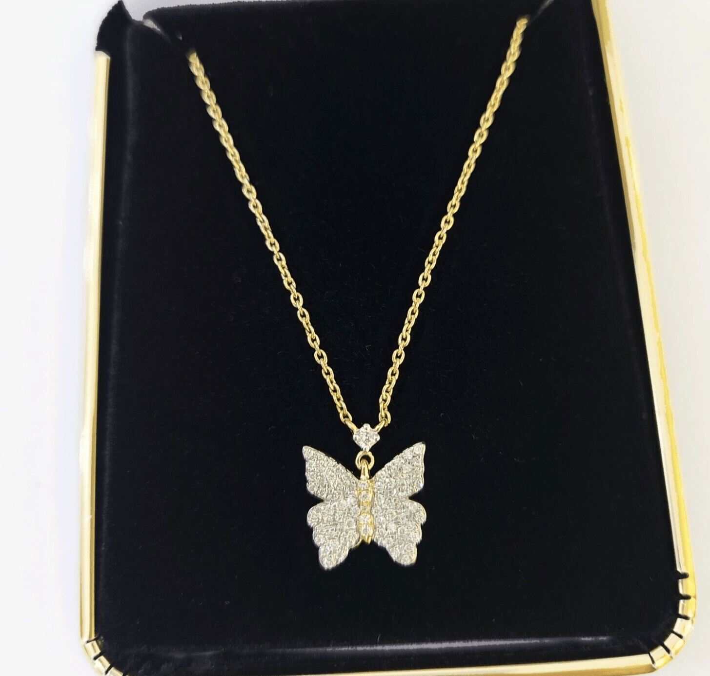 Real 10k Yellow Gold Butterfly Pendant Chain Necklace Set Women - GoldenlinQ