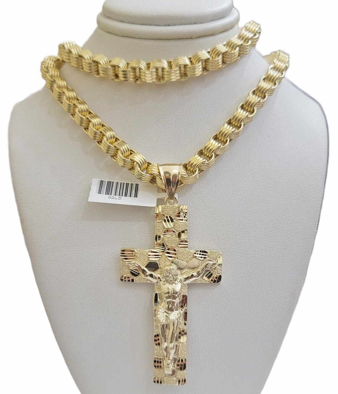Real 10k Yellow Gold Byzantine Chain Nugget Cross Charm Pendant Necklace SETS - GoldenlinQ