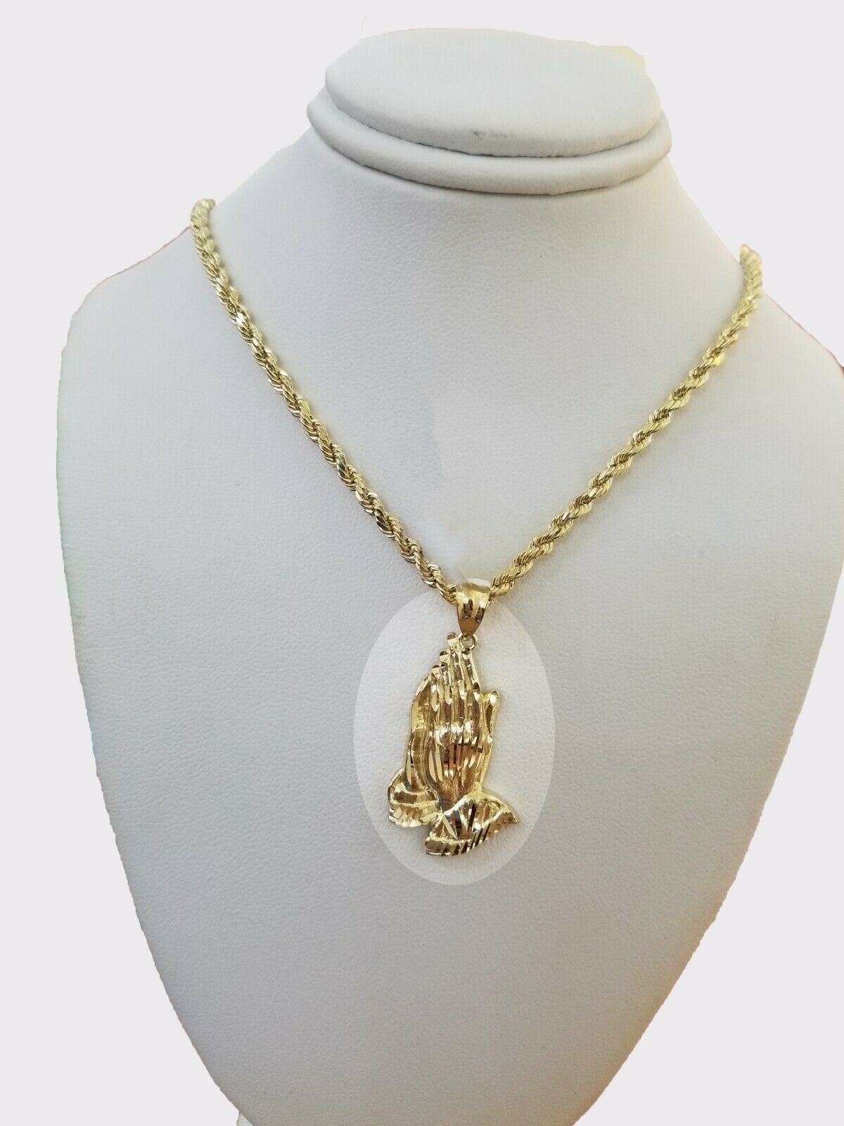 Real 10k Yellow Gold Chain 20" With Charm Praying hand pendant,3mm Rope Necklace - GoldenlinQ