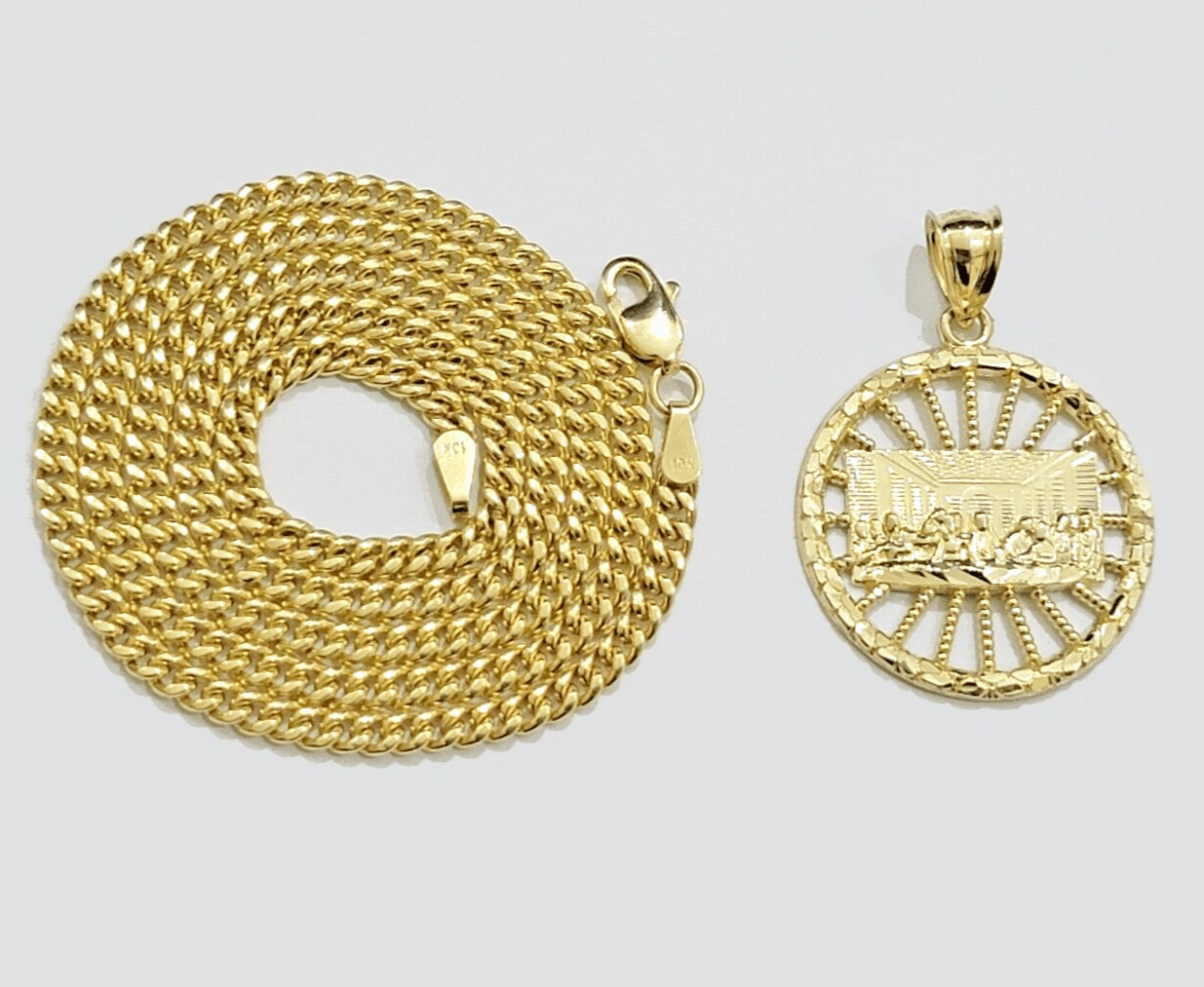 Real 10k Yellow Gold chain Charm Last supper Pendant set Miami Cuban 4mm 22 Inch - GoldenlinQ