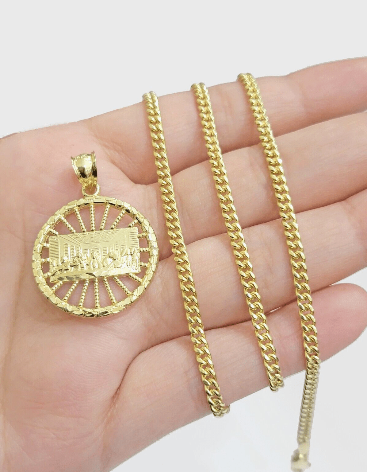 Real 10k Yellow Gold chain Charm Last supper Pendant set Miami Cuban 4mm 22 Inch - GoldenlinQ