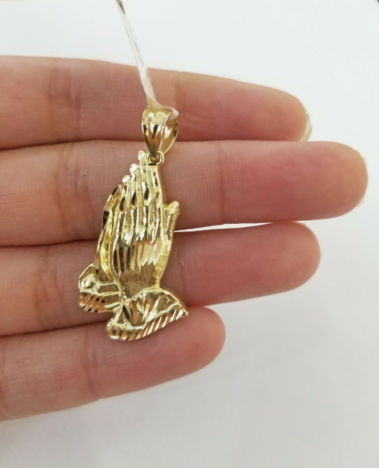 Real 10k Yellow Gold Chain & Charm Praying hand pendant , 24" 3mm Rope Necklace - GoldenlinQ
