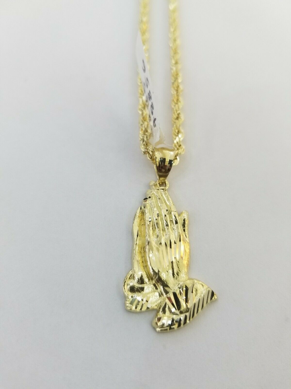 Real 10k Yellow Gold Chain & Charm Praying hand pendant , 24" 3mm Rope Necklace - GoldenlinQ