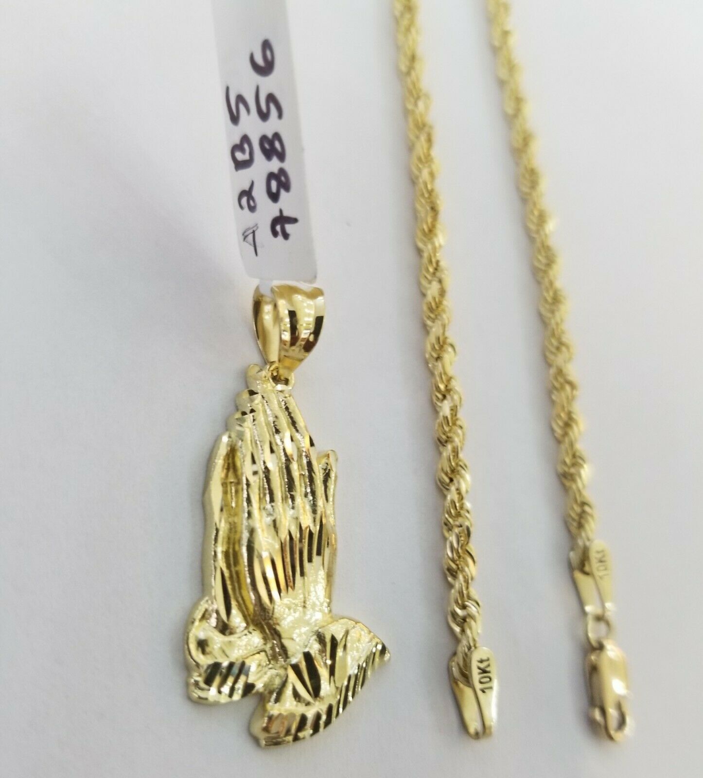 Real 10k Yellow Gold Chain & Charm Praying hand pendant , 26" 3mm Rope Necklace - GoldenlinQ