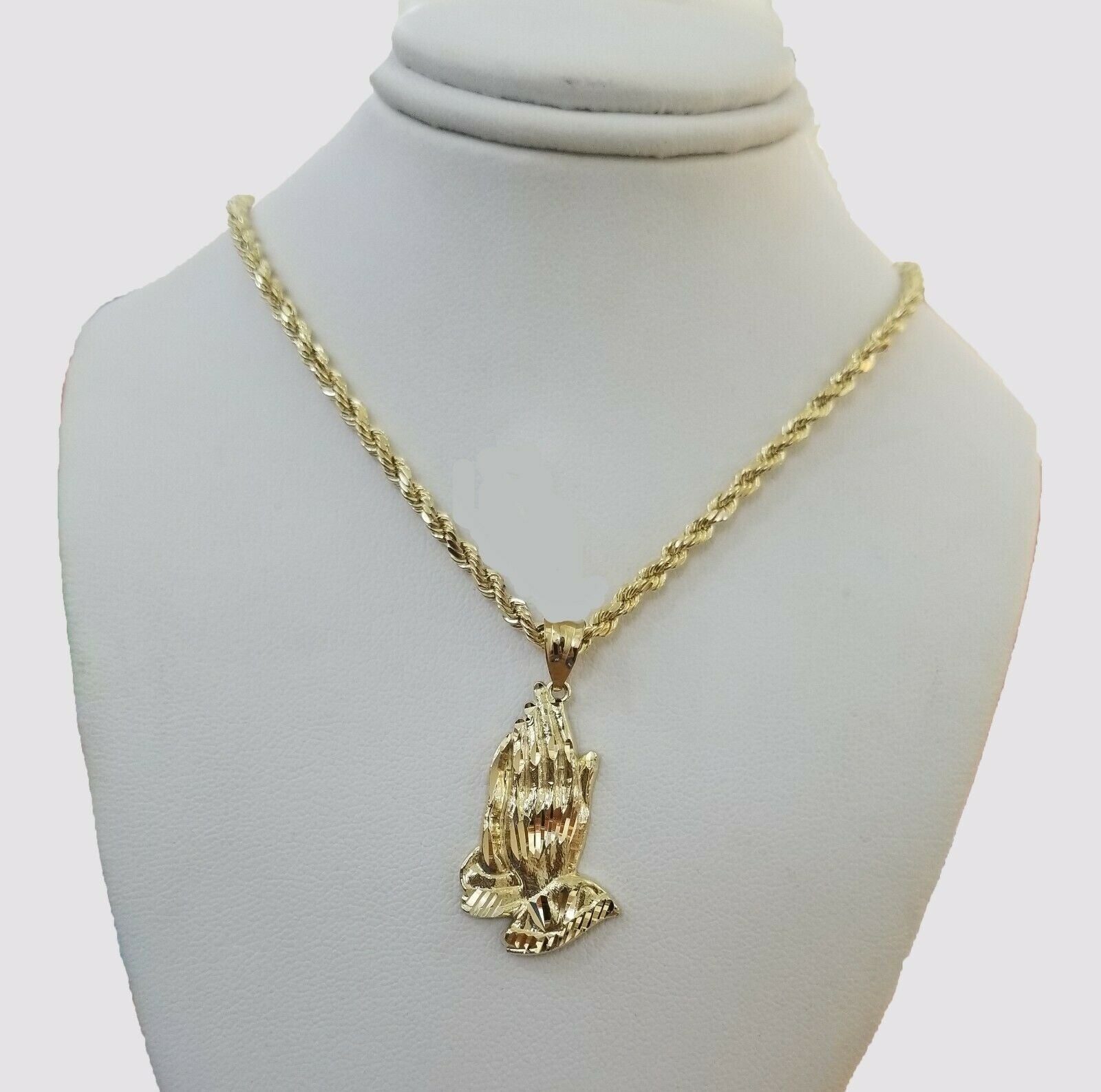 Real 10k Yellow Gold Chain & Charm Praying hand pendant , 26" 3mm Rope Necklace - GoldenlinQ