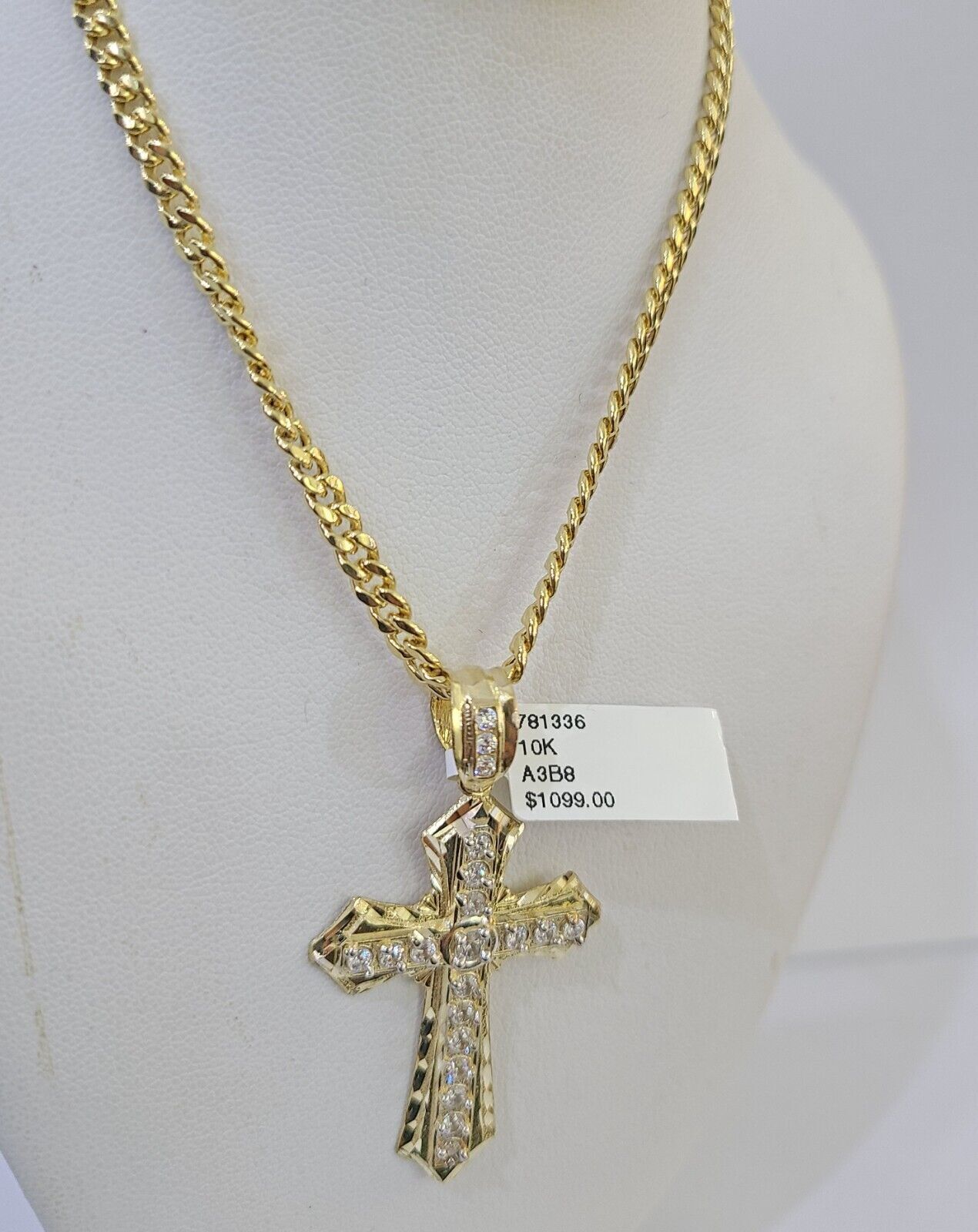 Real 10k Yellow Gold Chain Cross Charm Pendant Set Miami Cuban Link Necklace 4mm - GoldenlinQ