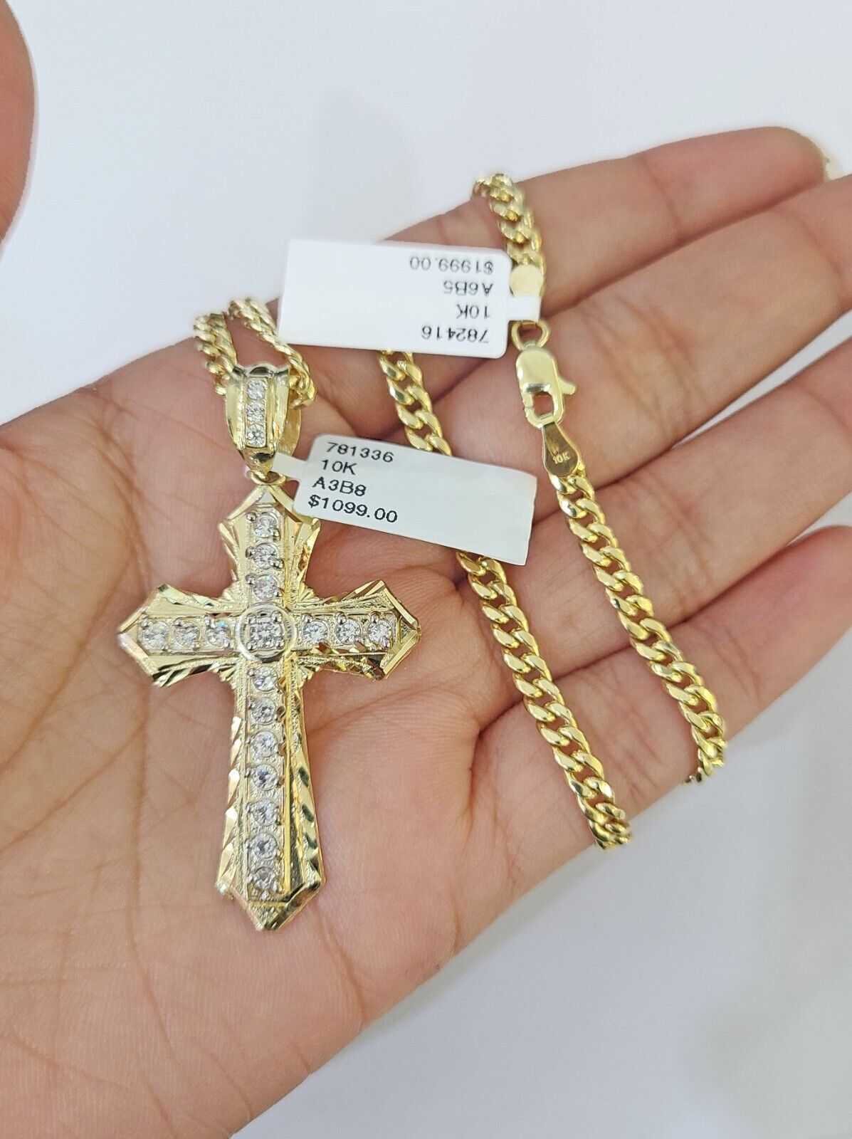 Real 10k Yellow Gold Chain Cross Charm Pendant Set Miami Cuban Link Necklace 4mm - GoldenlinQ