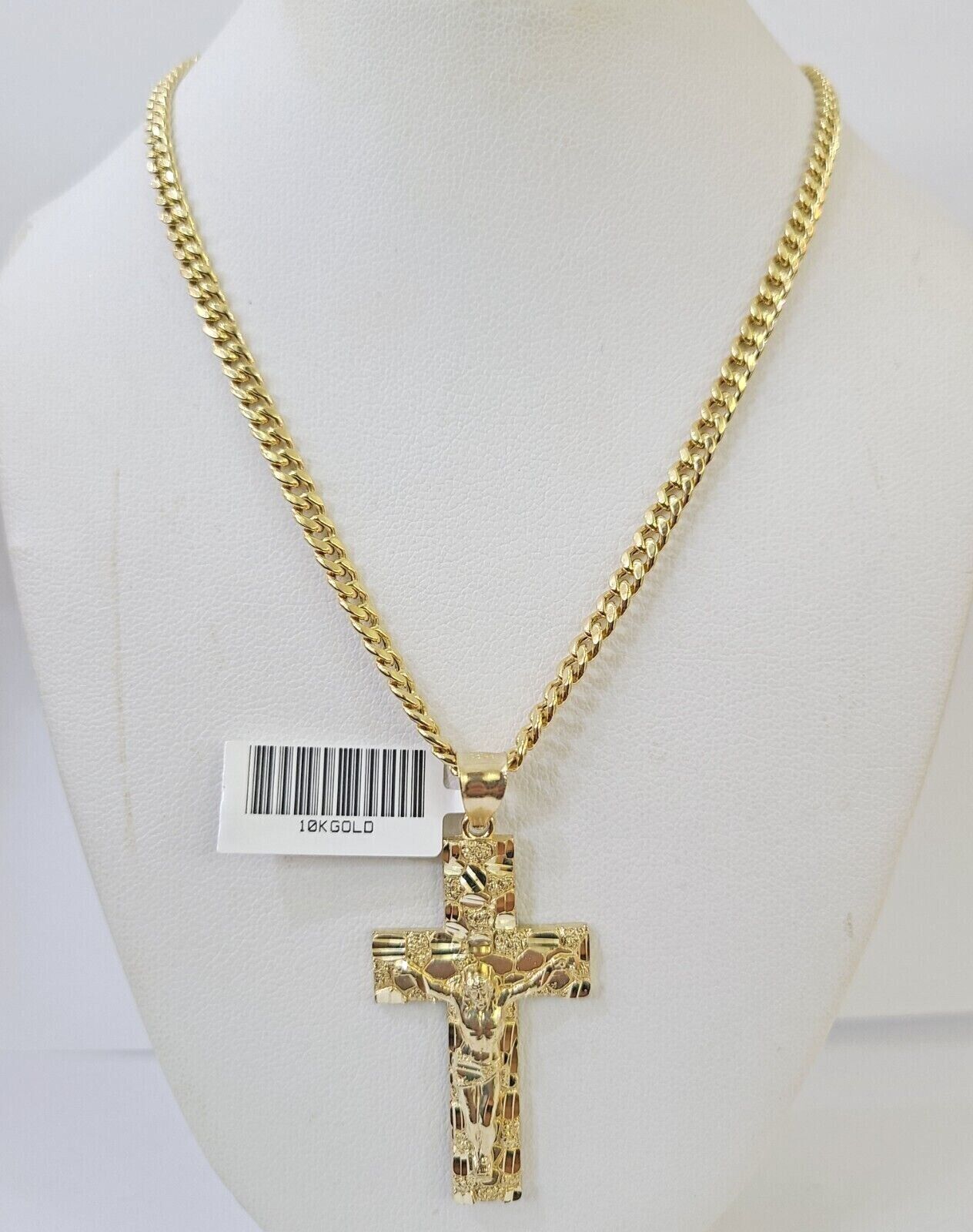 Real 10k Yellow Gold Chain Cross Charm Set 4mm Miami Cuban Link Necklace Pendant - GoldenlinQ