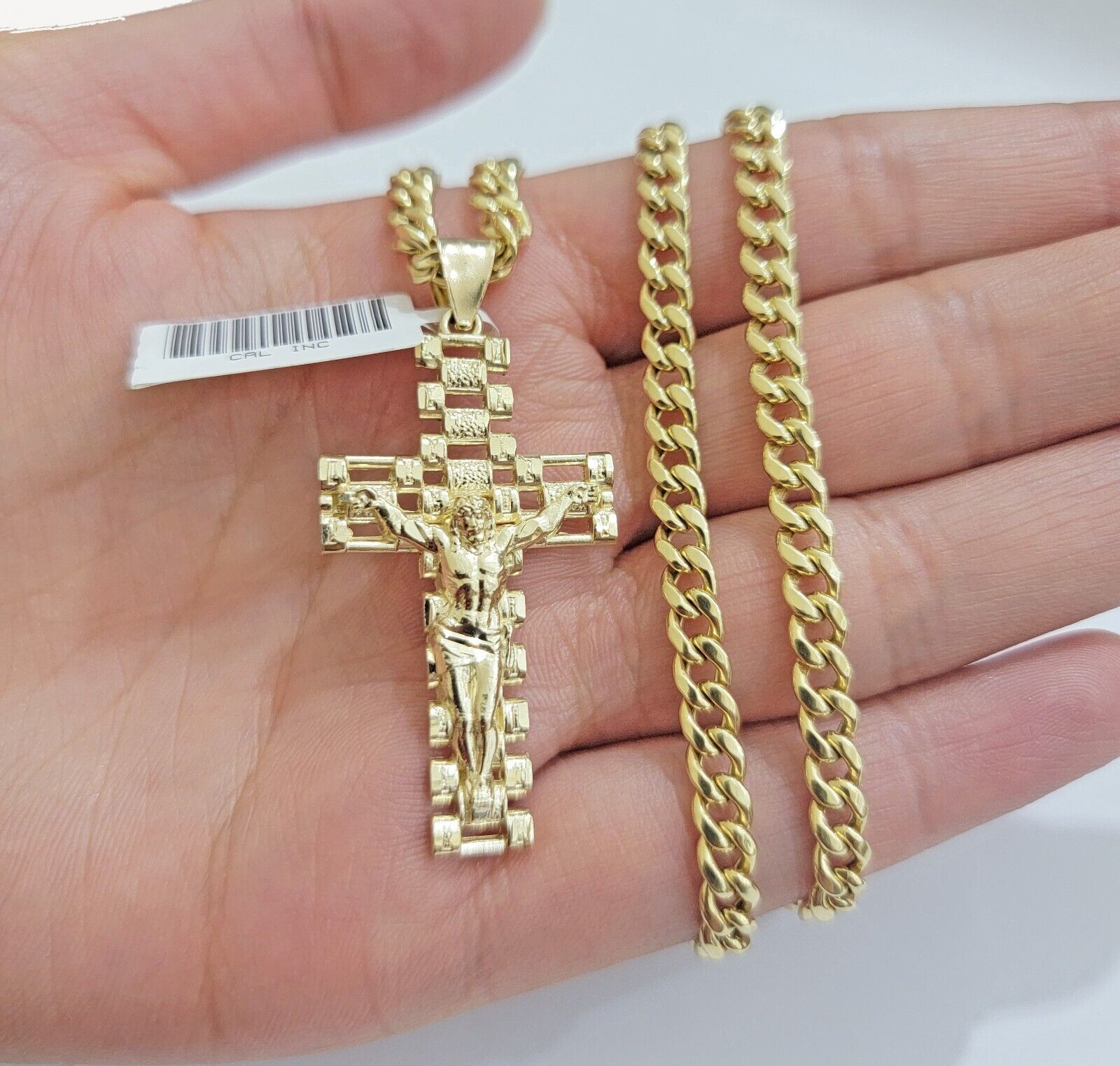 REAL 10k Yellow Gold Chain Cross Pendant Set Miami Cuban link Necklace 5mm 18 - 28 - GoldenlinQ