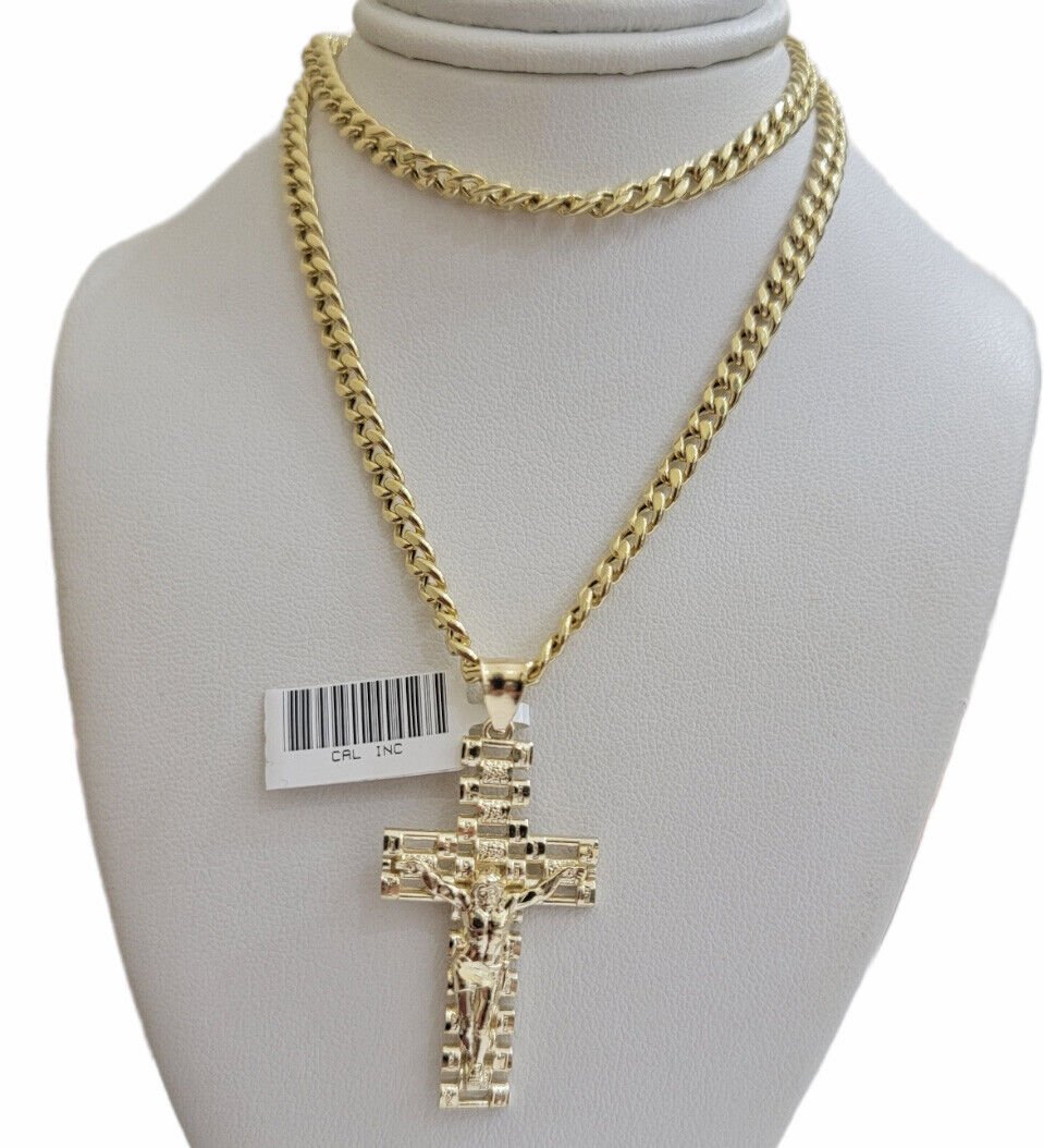 REAL 10k Yellow Gold Chain Cross Pendant Set Miami Cuban link Necklace 5mm 18 - 28 - GoldenlinQ