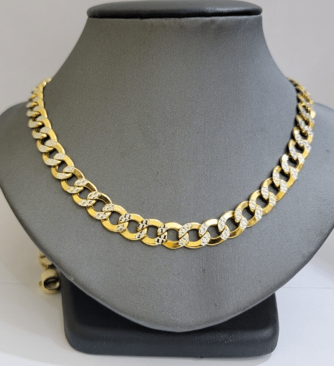 Real 10k Yellow Gold Chain Curb Link Necklace 10mm 22 Inch Diamond Cut Two - tone - GoldenlinQ