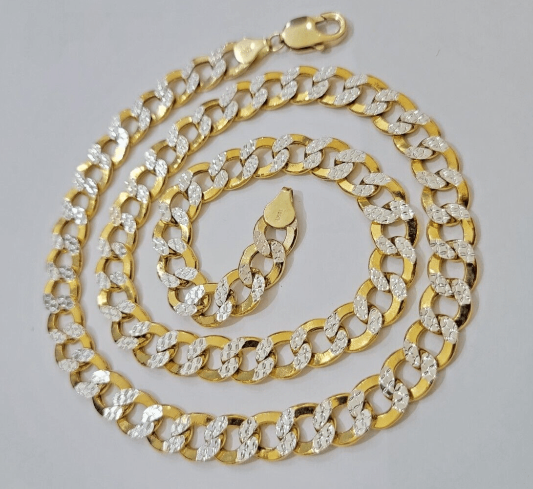Real 10k Yellow Gold Chain Curb Link Necklace 10mm 22 Inch Diamond Cut Two - tone - GoldenlinQ
