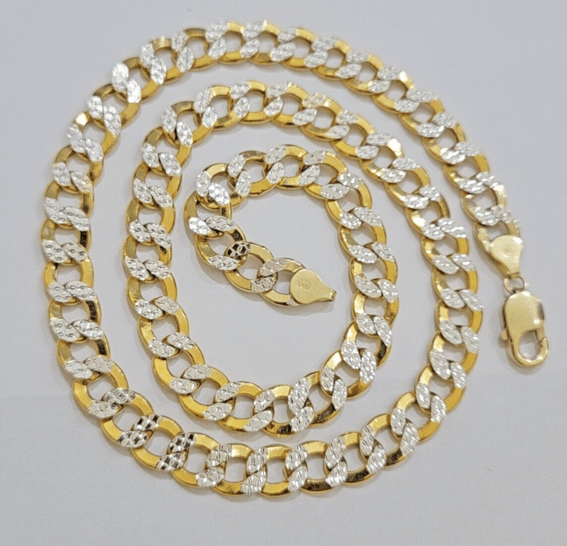 Real 10k Yellow Gold Chain Curb Link Necklace 10mm 24 Inch Diamond Cut Two - tone - GoldenlinQ