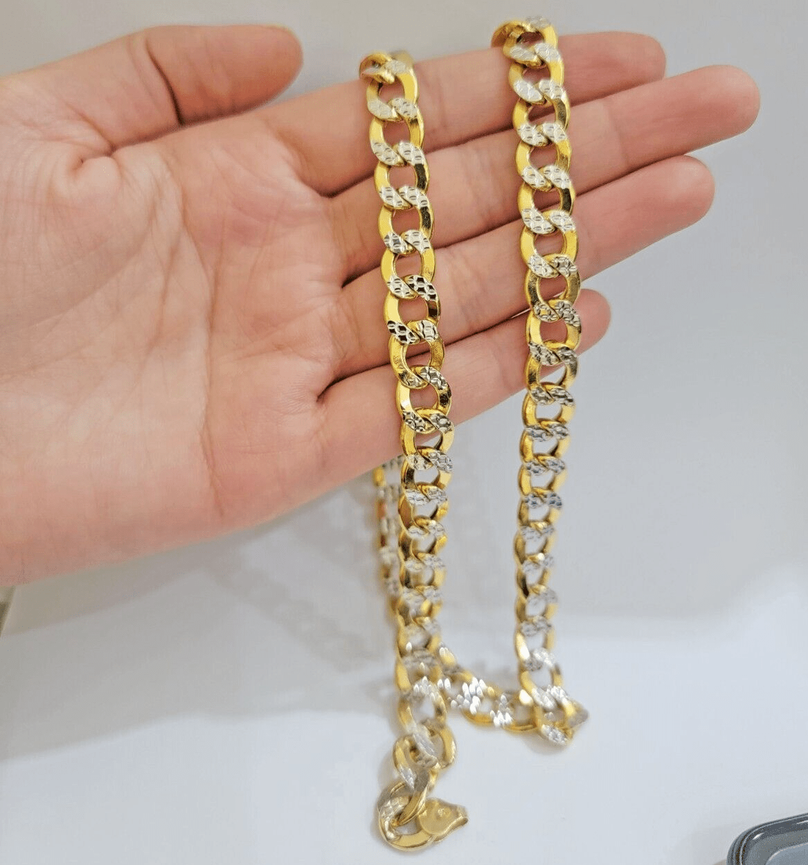 Real 10k Yellow Gold Chain Curb Link Necklace 10mm 28 Inch Diamond Cut Two - tone - GoldenlinQ