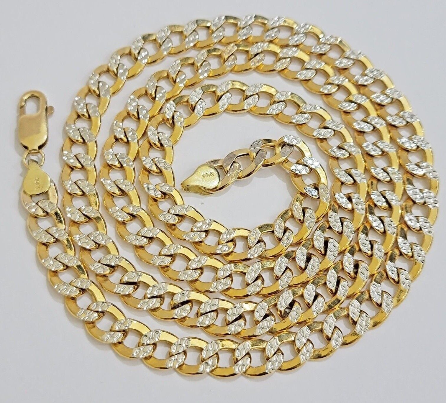 Real 10k Yellow Gold Chain Curb Link Necklace 8mm 18 - 30 Inch Diamond Cut Twotone - GoldenlinQ