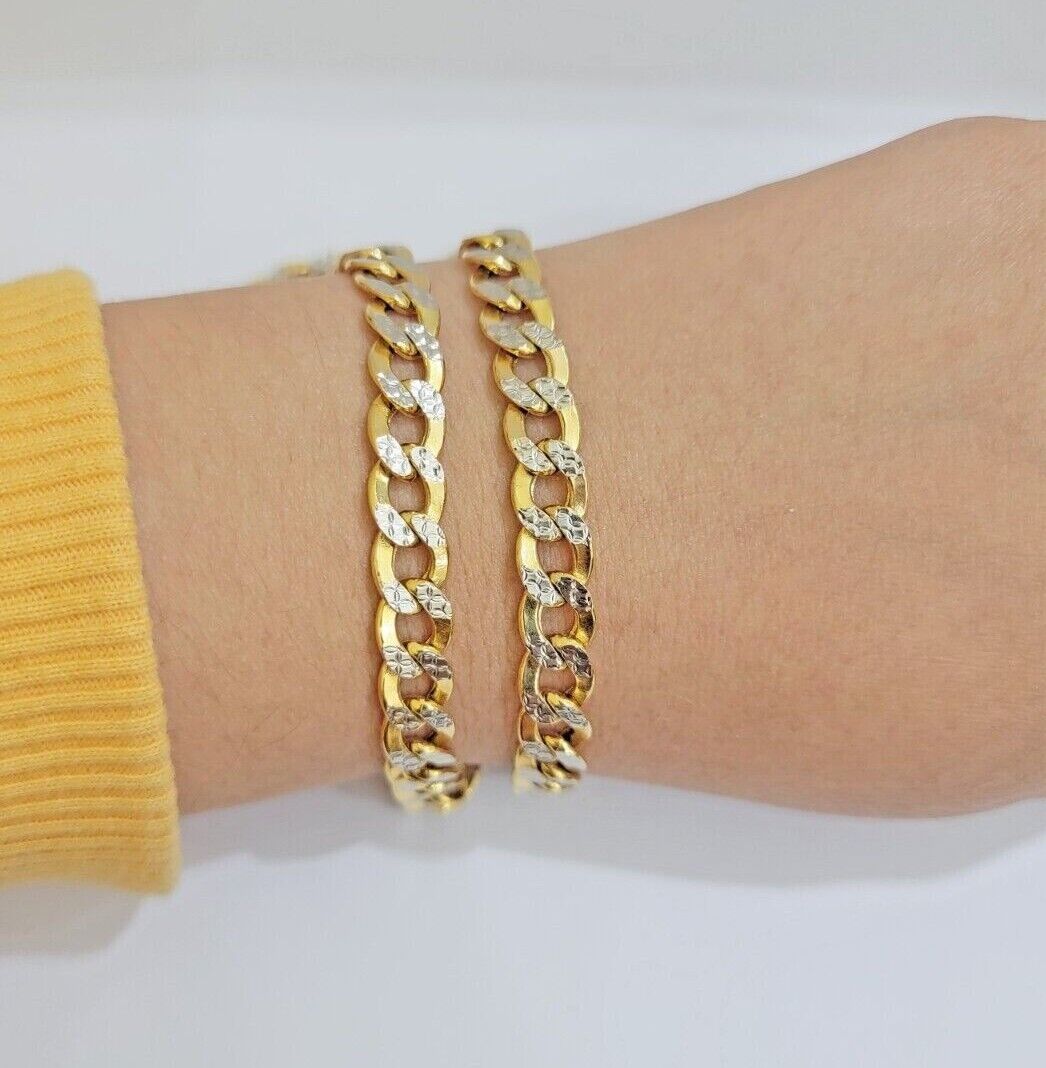 Real 10k Yellow Gold Chain Curb Link Necklace 8mm 18 - 30 Inch Diamond Cut Twotone - GoldenlinQ