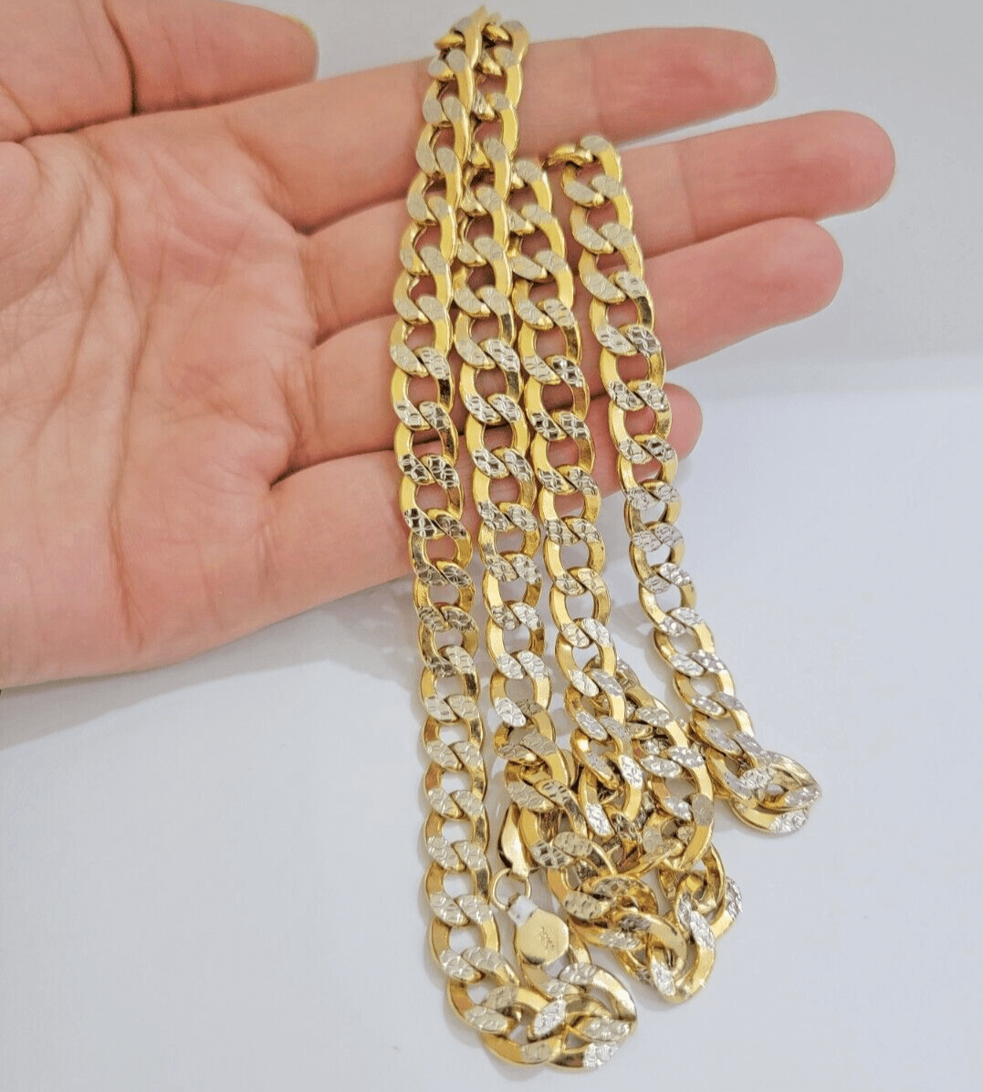 Real 10k Yellow Gold Chain Curb Link Necklace 8mm 18 Inch Diamond Cut Two - tone - GoldenlinQ
