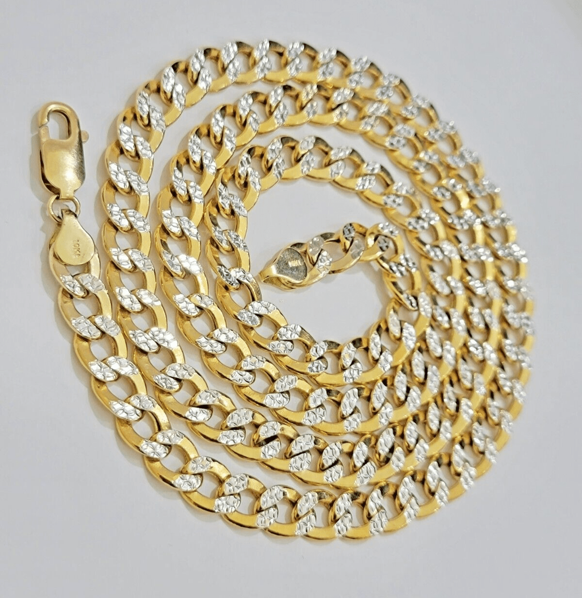 Real 10k Yellow Gold Chain Curb Link Necklace 8mm 18 Inch Diamond Cut Two - tone - GoldenlinQ