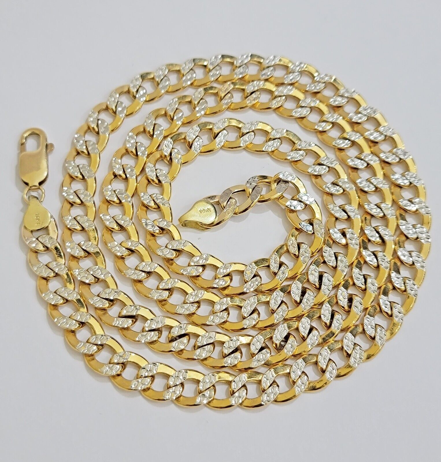 Real 10k Yellow Gold Chain Curb Link Necklace 8mm 28 Inch Diamond Cut Two - tone - GoldenlinQ
