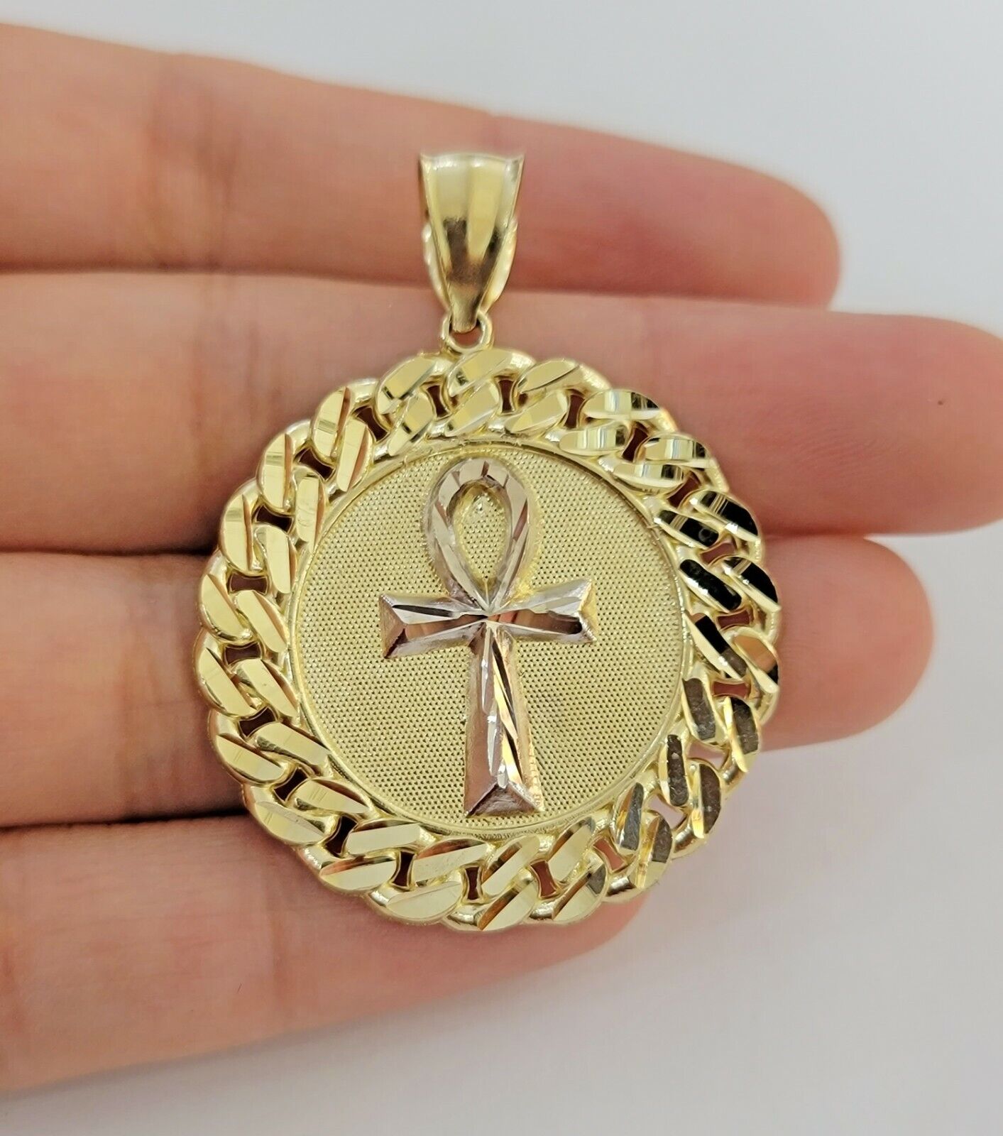 Real 10k Yellow Gold Charm Pendant Ankh Cuban Link Style Medallion Round 10kt - GoldenlinQ