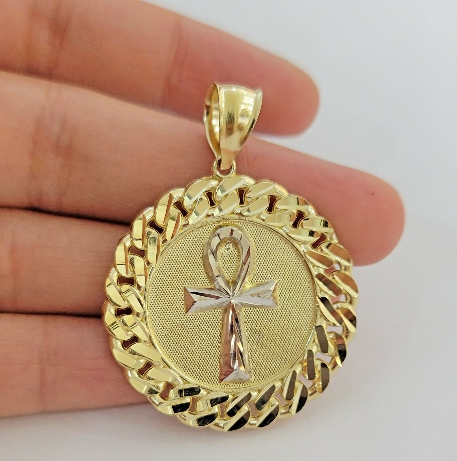 Real 10k Yellow Gold Charm Pendant Ankh Cuban Link Style Medallion Round 10kt - GoldenlinQ