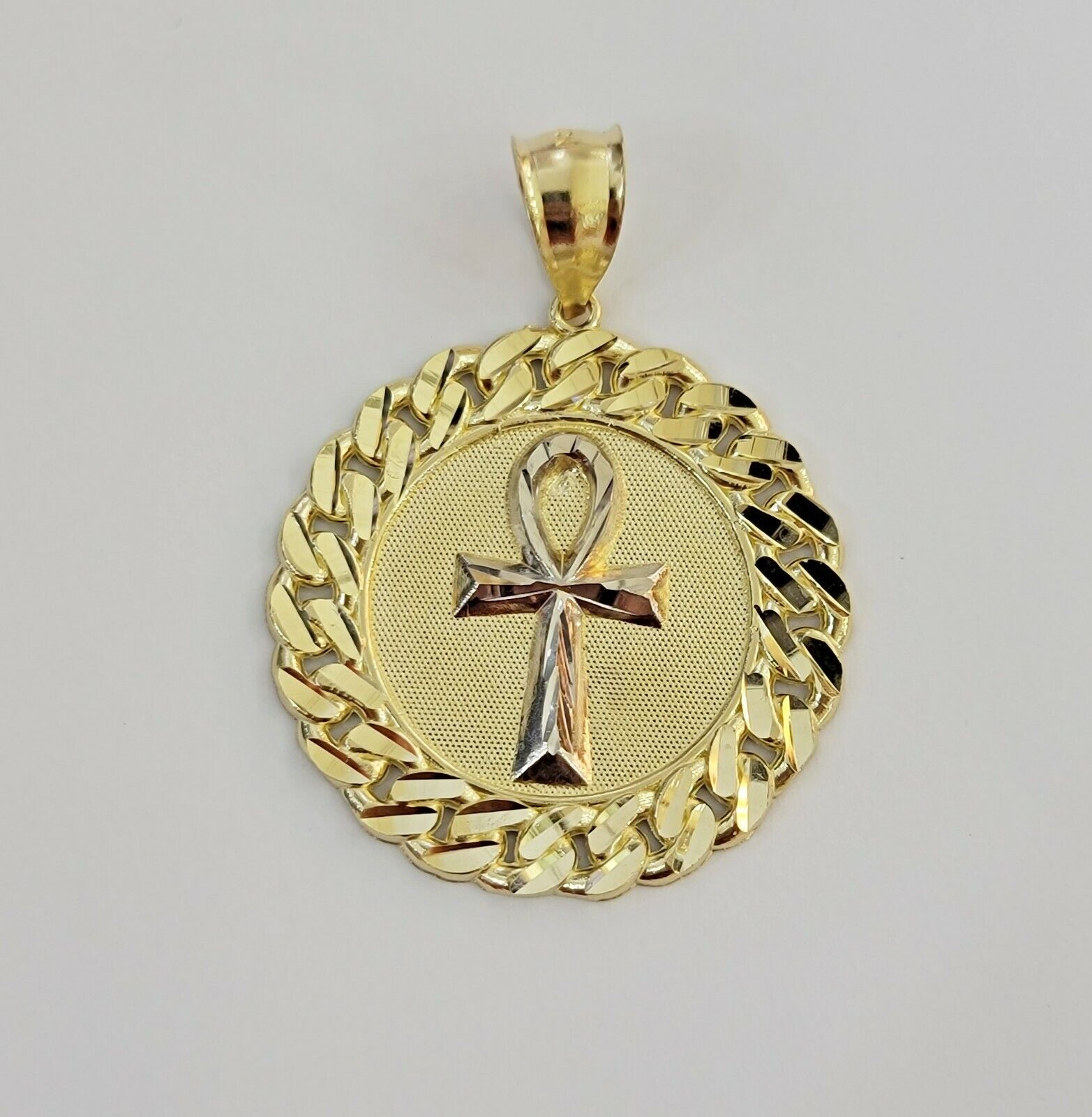 Real 10k Yellow Gold Charm Pendant Ankh Cuban Link Style Medallion Round 10kt - GoldenlinQ