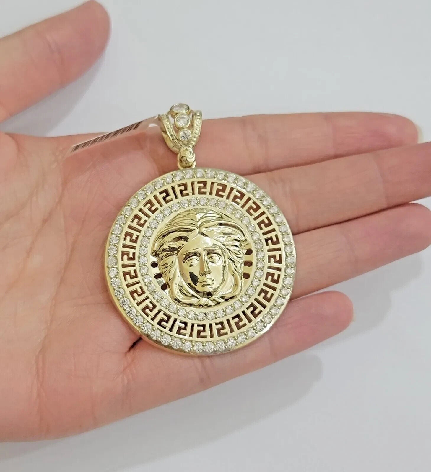 Real 10k Yellow Gold Charm Pendant Circular Round Head With Stones Unique Design - GoldenlinQ