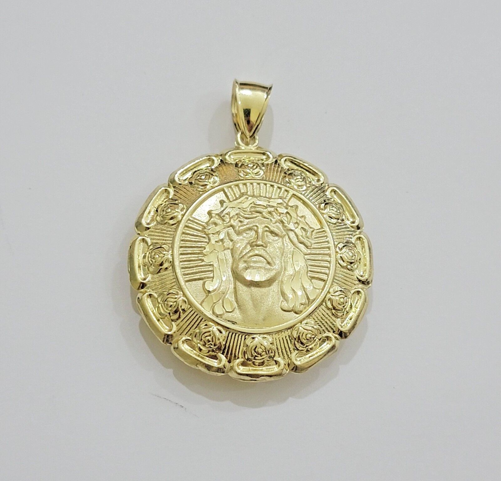Real 10k Yellow Gold Charm Pendant Jesus Head Face & Virgin Mary 2 Inch 10KT Men - GoldenlinQ