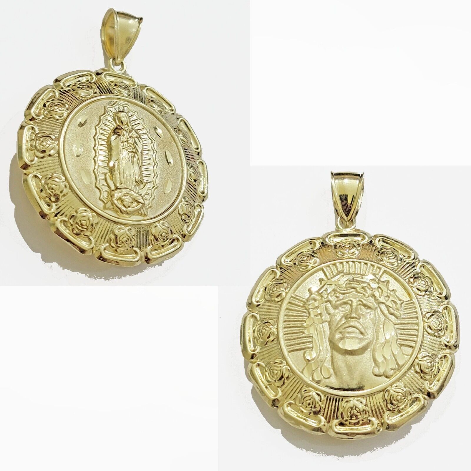 Real 10k Yellow Gold Charm Pendant Jesus Head Face & Virgin Mary 2 Inch 10KT Men - GoldenlinQ