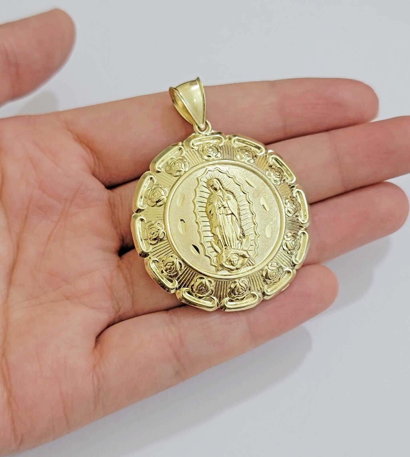 Real 10k Yellow Gold Charm Pendant Jesus Head Face & Virgin Mary 2 Inch 10KT Men - GoldenlinQ