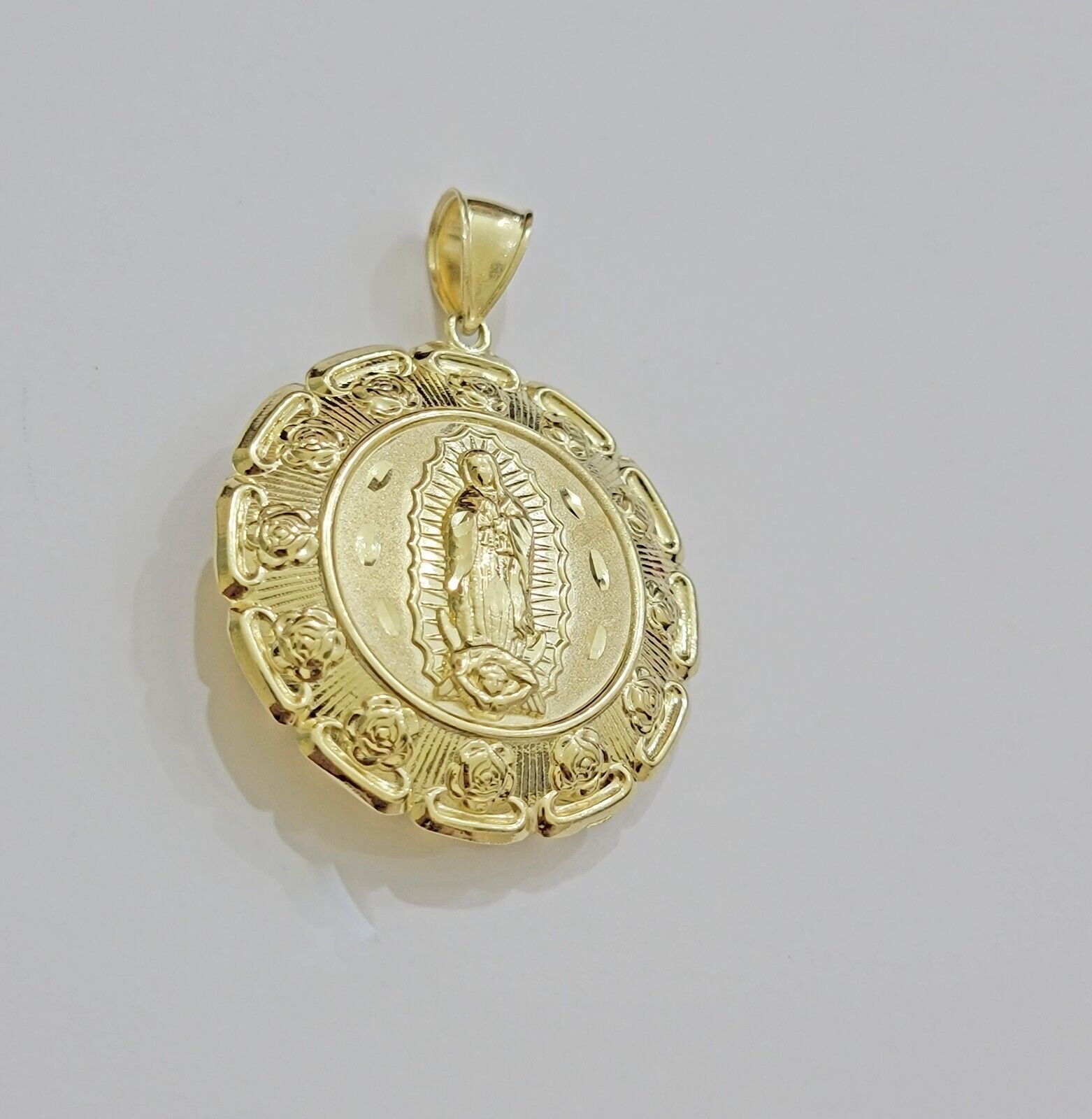 Real 10k Yellow Gold Charm Pendant Jesus Head Face & Virgin Mary 2 Inch 10KT Men - GoldenlinQ