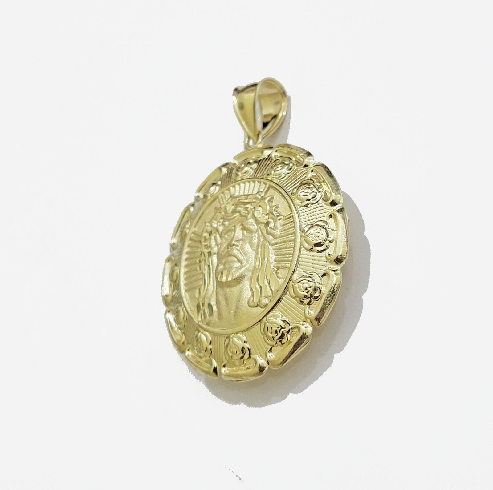 Real 10k Yellow Gold Charm Pendant Jesus Head Face & Virgin Mary 2 Inch 10KT Men - GoldenlinQ