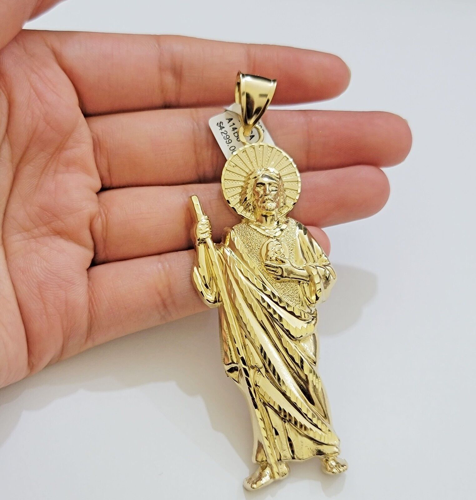 Real 10k Yellow Gold Charm Saint Juda Pendant Men's 3.5 Inch Jude the Apostle - GoldenlinQ