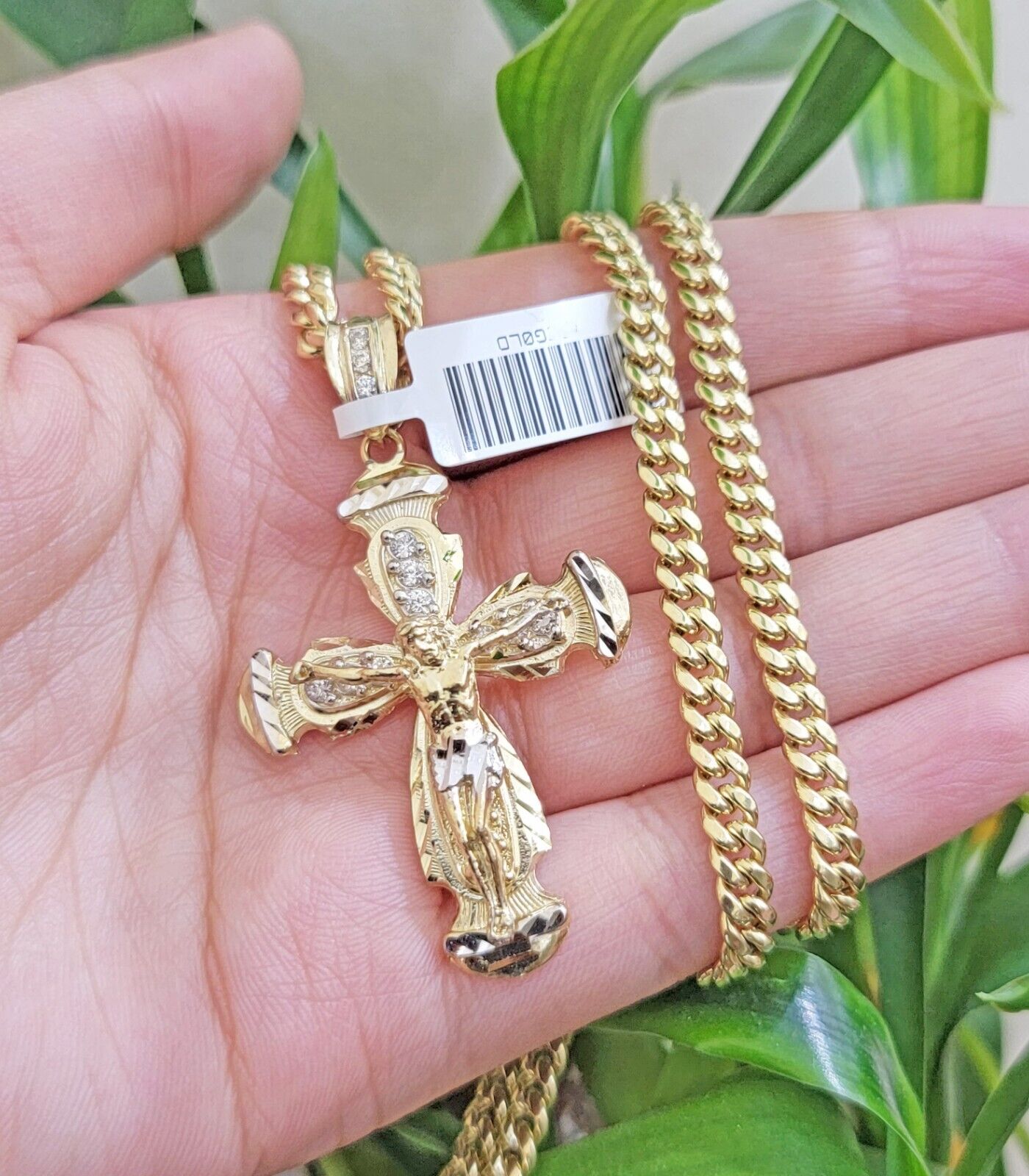 Real 10k Yellow Gold Cross Charm pendant Cuban Link Chain Necklace 5mm 24" SET - GoldenlinQ