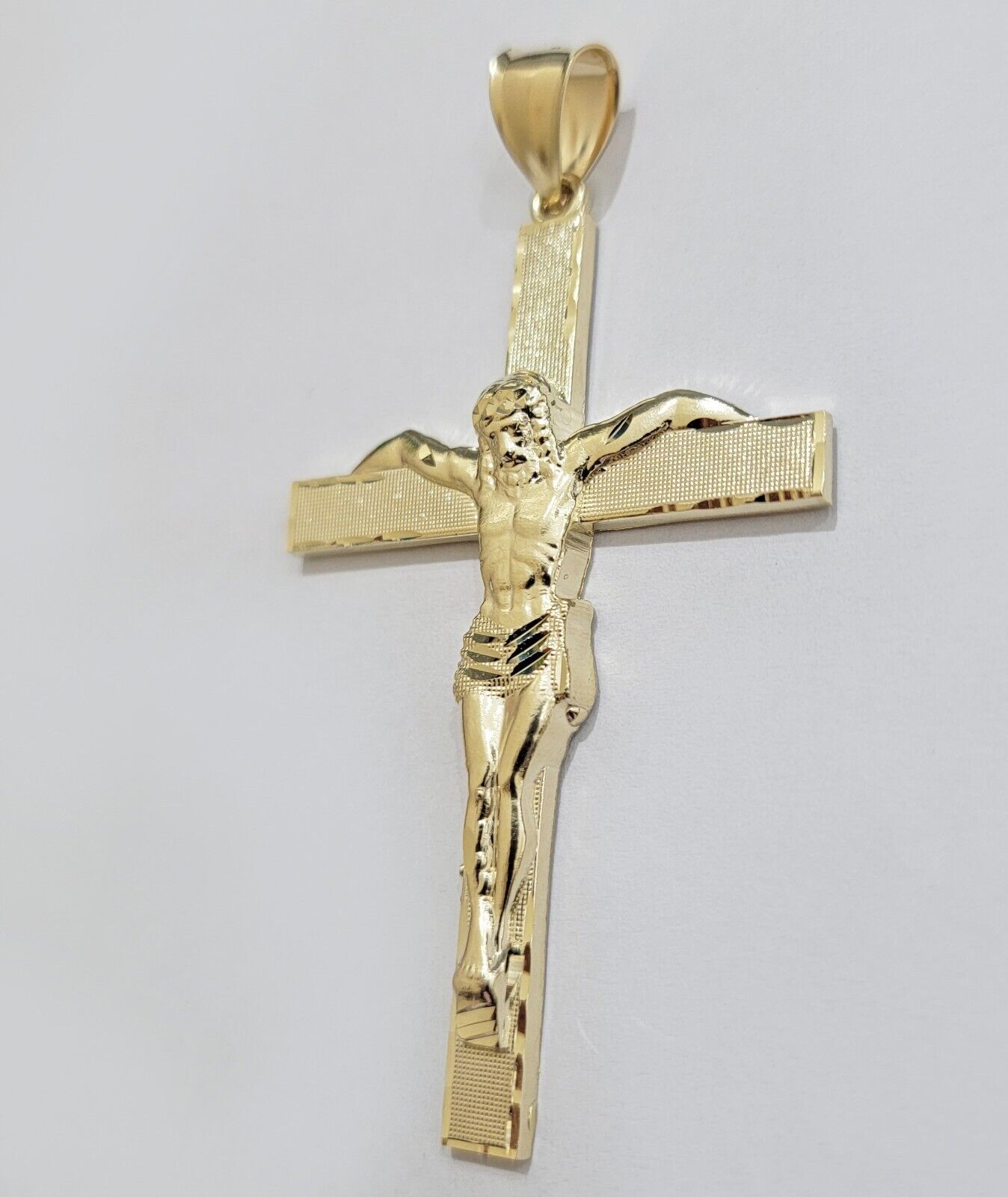 Real 10k Yellow Gold Cross Charm Pendant Jesus Crucifix 3.5" Inch 10KT For Chain - GoldenlinQ
