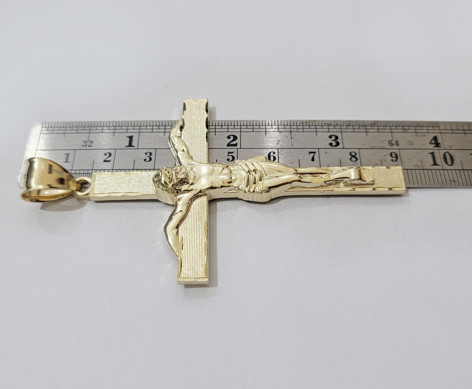 Real 10k Yellow Gold Cross Charm Pendant Jesus Crucifix 3.5" Inch 10KT For Chain - GoldenlinQ