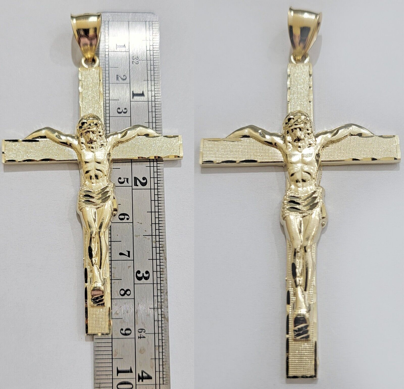 Real 10k Yellow Gold Cross Charm Pendant Jesus Crucifix 3.5" Inch 10KT For Chain - GoldenlinQ