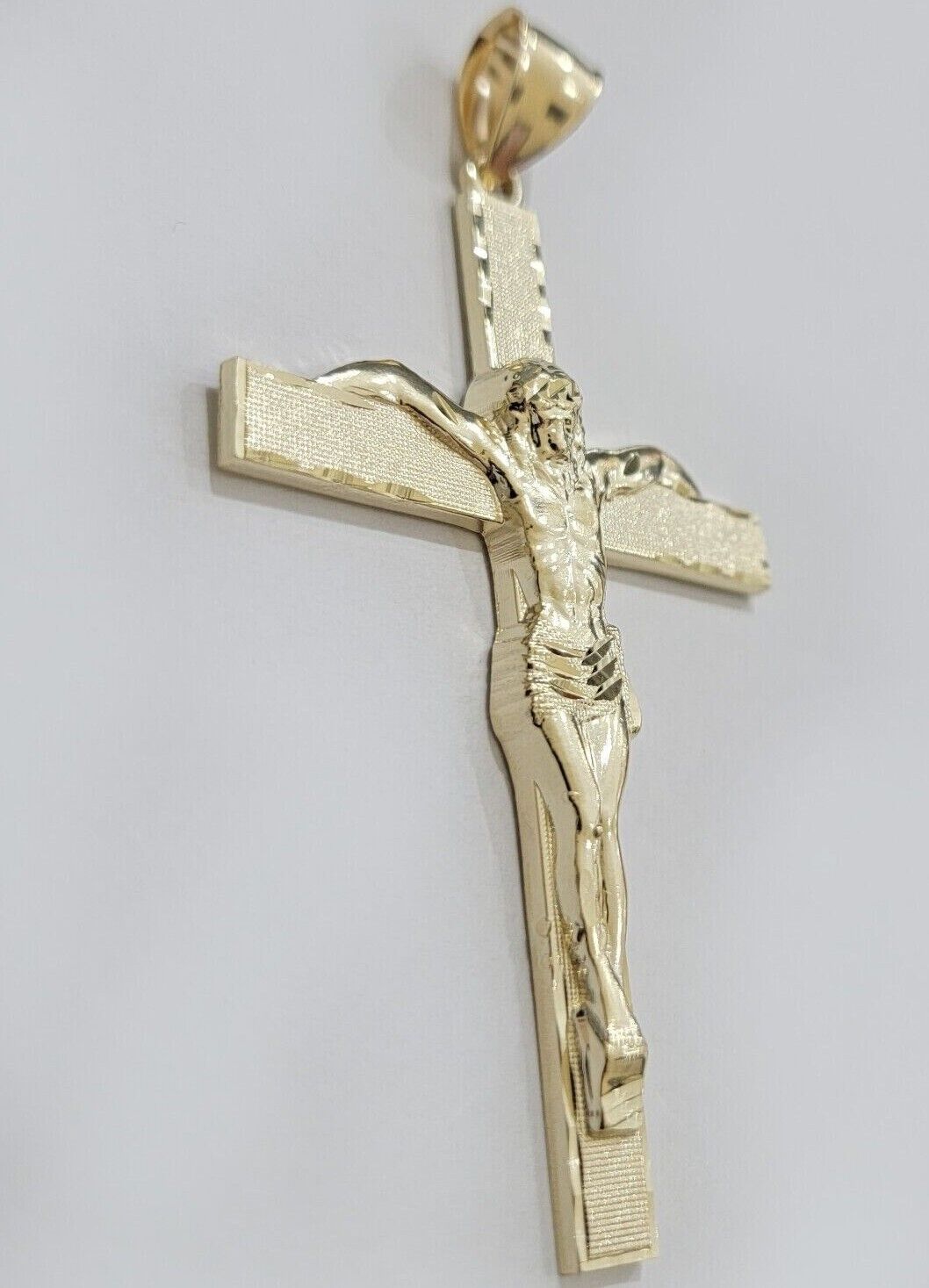Real 10k Yellow Gold Cross Charm Pendant Jesus Crucifix 3.5" Inch 10KT For Chain - GoldenlinQ