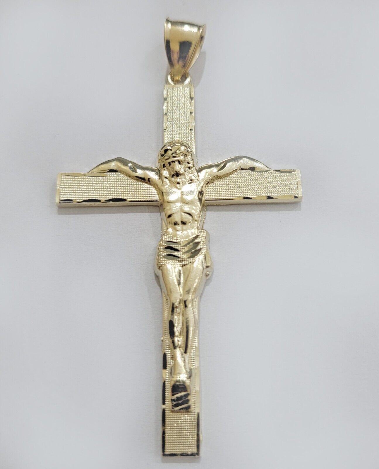 Real 10k Yellow Gold Cross Charm Pendant Jesus Crucifix 3.5" Inch 10KT For Chain - GoldenlinQ