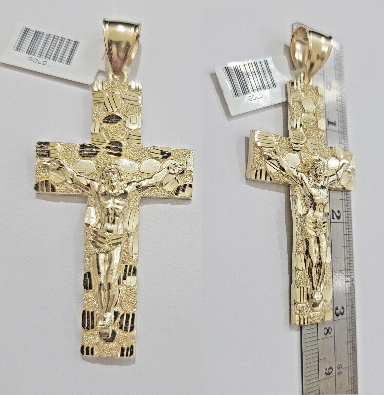 Real 10k Yellow Gold Cross Charm Pendant Nugget Jesus Crucifix 3" Inch 10KT Mens - GoldenlinQ
