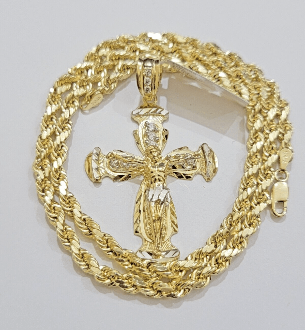 Real 10k Yellow Gold Cross Charm pendant Rope Chain Necklace 5mm 24" SET For Men - GoldenlinQ
