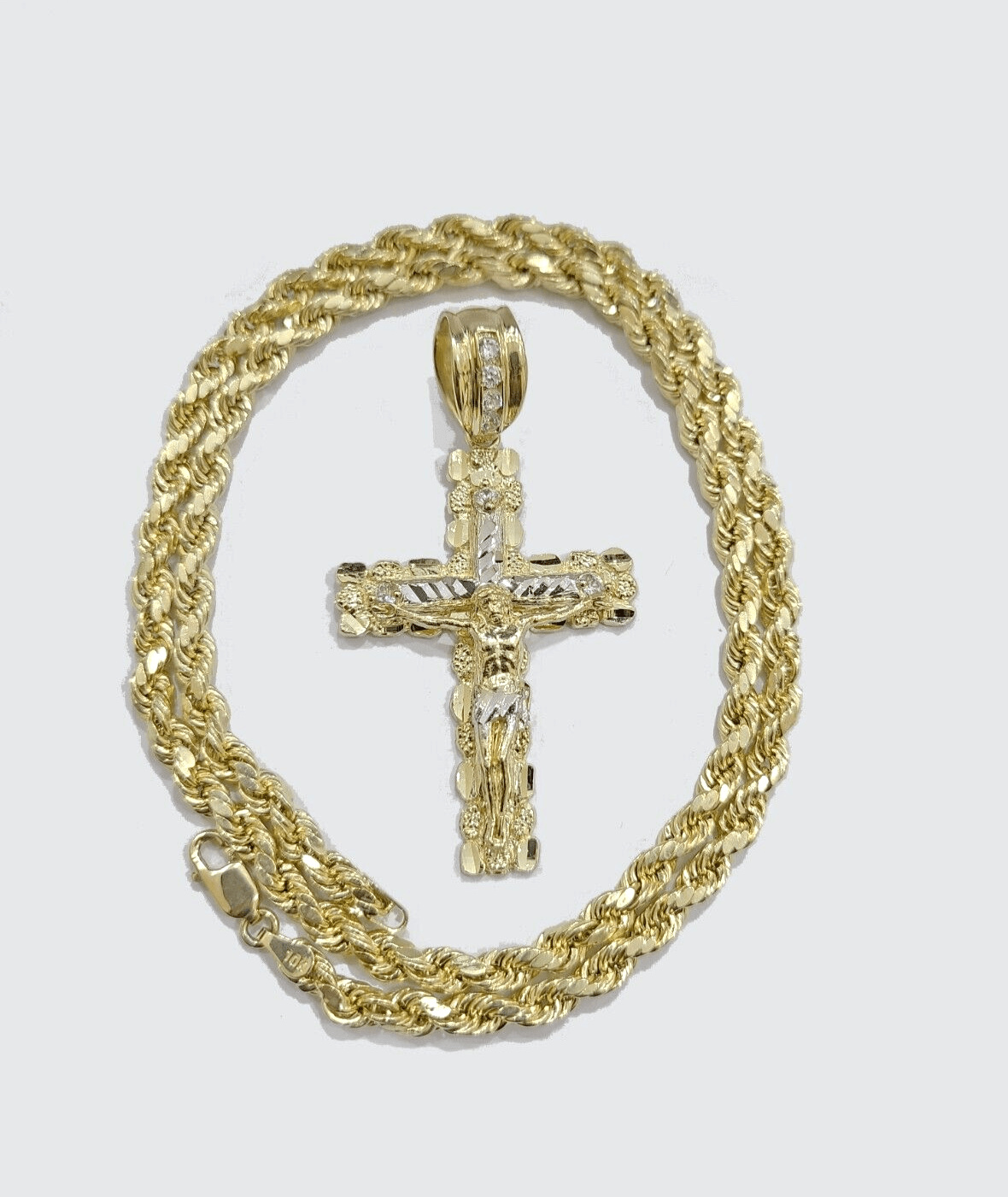 Real 10k Yellow Gold Cross Charm Rope Chain 4mm 26'' Necklace Pendant 10kt Jesus - GoldenlinQ