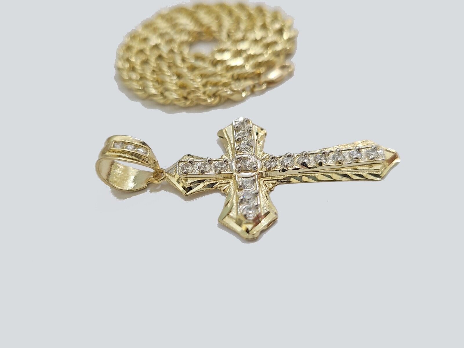 Real 10k Yellow Gold Cross Charm Rope Chain Necklace 4mm 18'' Pendant 10kt Jesus - GoldenlinQ